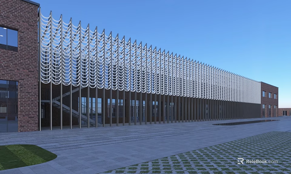 Modern Industrial Factory Building Exterior With Wavy Metal Grille Red Brick Wall And Spacious Plaza 3d model 