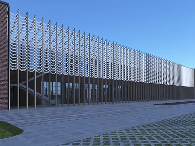 Modern Industrial Factory Building Exterior With Wavy Metal Grille Red Brick Wall And Spacious Plaza 3d model