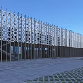 Modern Industrial Factory Building Exterior With Wavy Metal Grille Red Brick Wall And Spacious Plaza