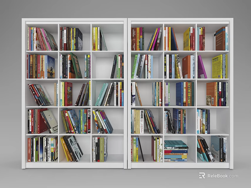 White Double Bookshelf Filled with Various Books on Multiple Shelves 3d model 