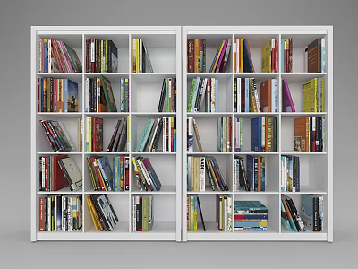 White Double Bookshelf Filled with Various Books on Multiple Shelves 3d model