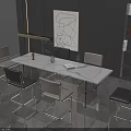 Modern Dining Table Set With Marble Top Metal Legs And Chairs Near Abstract Painting