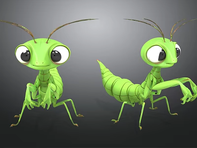 Green 3D Mantis Character With Big Eyes And Long Legs Design 3d model
