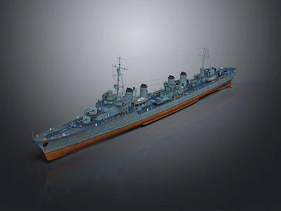 Detailed Naval Warship 3D Model With Turrets Chimneys Antennas And Blue Gray Hull 3d model