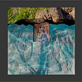 Rock Cube Structure With Blue Water Pool And Metal Pipe Plus Green Vegetation