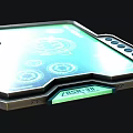 Futuristic Tablet Tech Screen Interface With Green Blue Display Gear Icons Metal Frame Design
