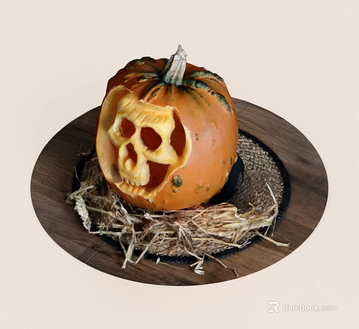 Halloween Pumpkin Skull Carving On Wooden Plate With Straw Decoration 3d model 