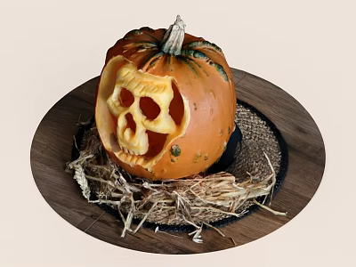 Halloween Pumpkin Skull Carving On Wooden Plate With Straw Decoration 3d model