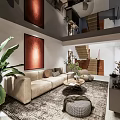 Modern Living Room Interior Design With Sofa Rug Plants And Decorative Paintings