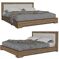 Modern Double Bed With Wooden Frame And Gray Bedding And Pillows