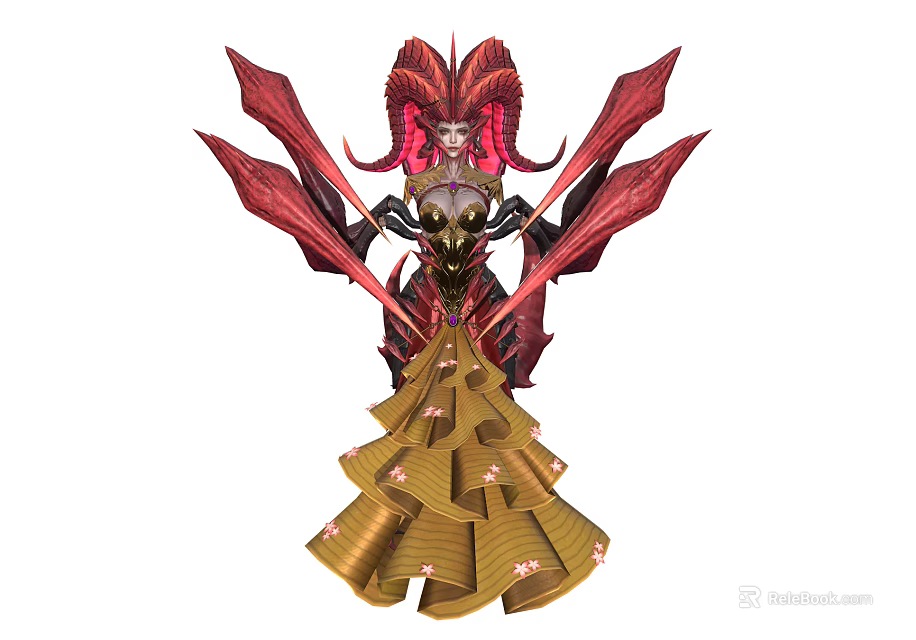 Mythical Red Horned Character With Red Winged Creature And Golden Ornamented Details 3d model 