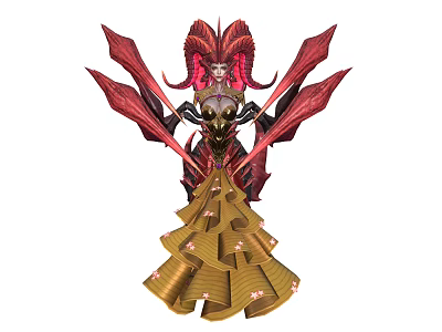 Mythical Red Horned Character With Red Winged Creature And Golden Ornamented Details 3d model