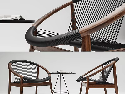 Wooden Frame Black Wicker Weave Chair And Small Table Set For Living Space 3d model