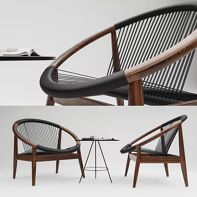 Wooden Frame Black Wicker Weave Chair And Small Table Set For Living Space 3d model