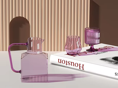 Transparent Purple Glass Cup With Jug And Houston Book On Striped Arched Background 3d model