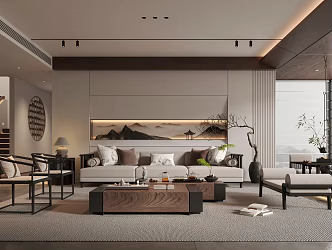New Chinese Style Living Room Villa Living Room Staircase Furniture Combination Sofa Coffee Table Combination 3d model