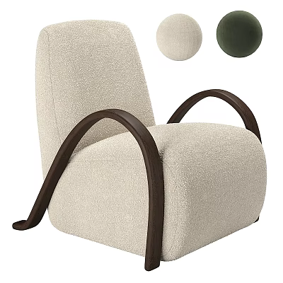 Upholstered Beige Single Sofa With Curved Dark Wooden Armrests And Decorative Pillows 3d model