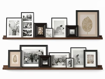 Abstract Art Pieces With Framed Photos On Two Tiered Shelves 3d model