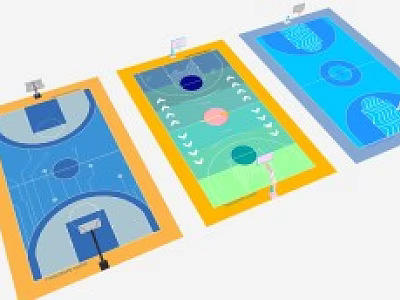 Basketball Court Design Floor Plans With Three Different Colorful Surfaces And Markings 3d model