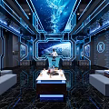 High Tech KTV Interior With Blue Lighting Starry Ceiling Sofas Coffee Tables And Large Screen 3d model