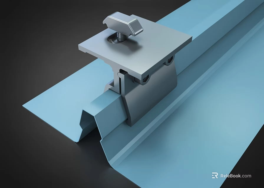 Silver Metal Clamp Mounted On Blue Structural Sheet With Hardware Fixture 3d model 
