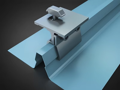 Silver Metal Clamp Mounted On Blue Structural Sheet With Hardware Fixture 3d model