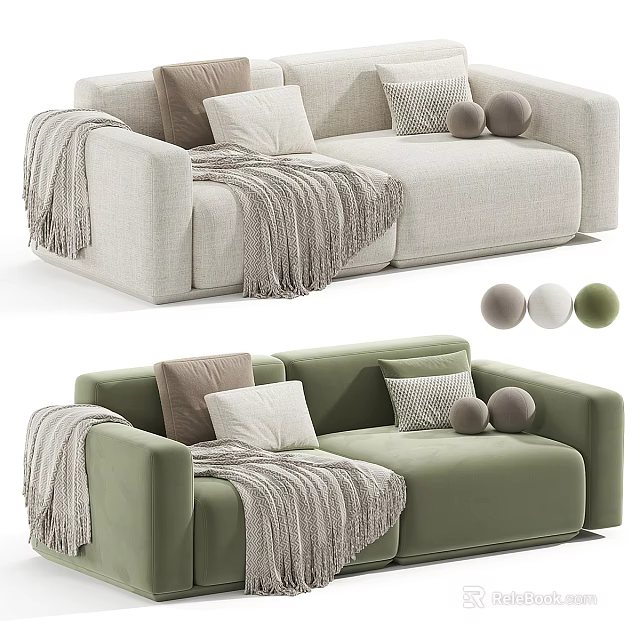 Cozy Three Seater Sofa With Beige Green Color Options Pillows And Blanket 3d model 