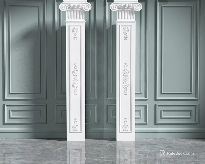 Elegant Pair of White Carved Roman Columns Against Gray Decorative Wall Panels 3d model 