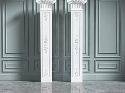 Elegant Pair of White Carved Roman Columns Against Gray Decorative Wall Panels 3d model