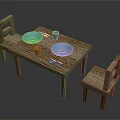 Wooden Dining Table Set With Chairs Blue Plates Red Cups And Cutlery