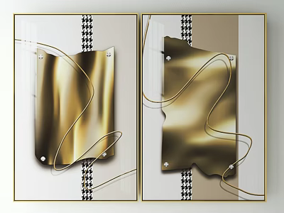 Modern Two Panel Wall Art with Gold Metallic Texture Curved Lines and Checkered Patterns 3d model
