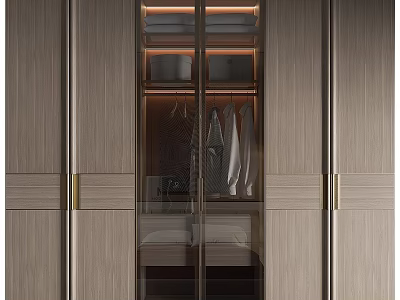 Modern Wooden Wardrobe With Glass Doors Built in Lighting And Gold Accents 3d model