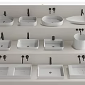 Modern Bathroom Washbasin Designs With Various Shapes And Black Faucet Fittings