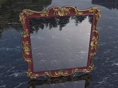 Ornate Red and Gold Decorative Mirror With Shell Motifs Reflects Trees on Marble Surface 3d model