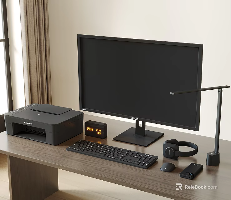 Modern Computer Workspace Setup With Monitor Printer Keyboard Mouse Headphones And Lamp 3d model 