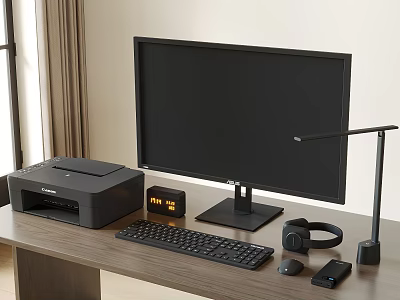 Modern Computer Workspace Setup With Monitor Printer Keyboard Mouse Headphones And Lamp 3d model