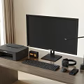 Modern Computer Workspace Setup With Monitor Printer Keyboard Mouse Headphones And Lamp