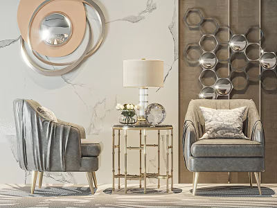 Elegant Gray Accent Chairs With Gold Side Table And Decorative Marble Wall 3d model