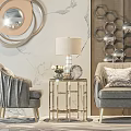 Elegant Gray Accent Chairs With Gold Side Table And Decorative Marble Wall