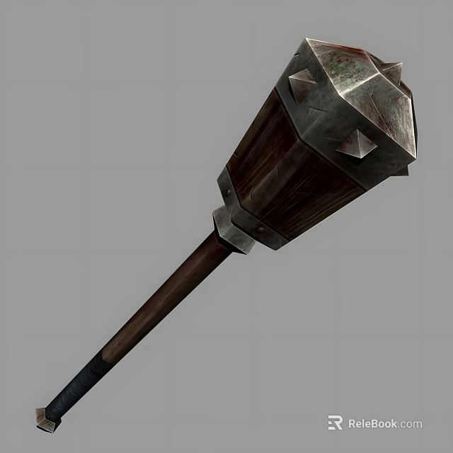 Medieval Weapon With Wooden Handle And Ornate Metal Head Design 3d model 