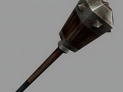 Medieval Weapon With Wooden Handle And Ornate Metal Head Design 3d model
