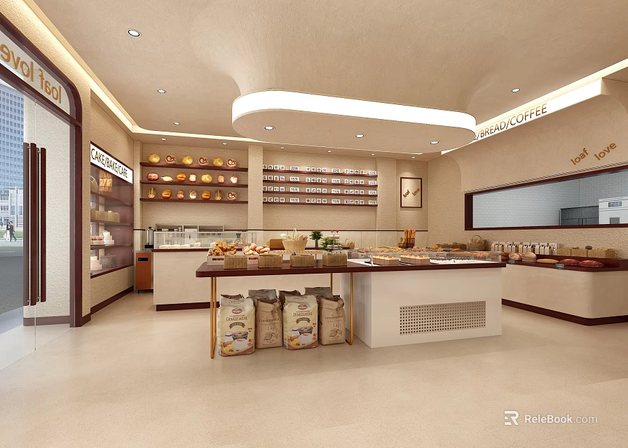Spacious Dessert Shop Interior With Display Cases Shelves And Fresh Dessert Displays 3d model 