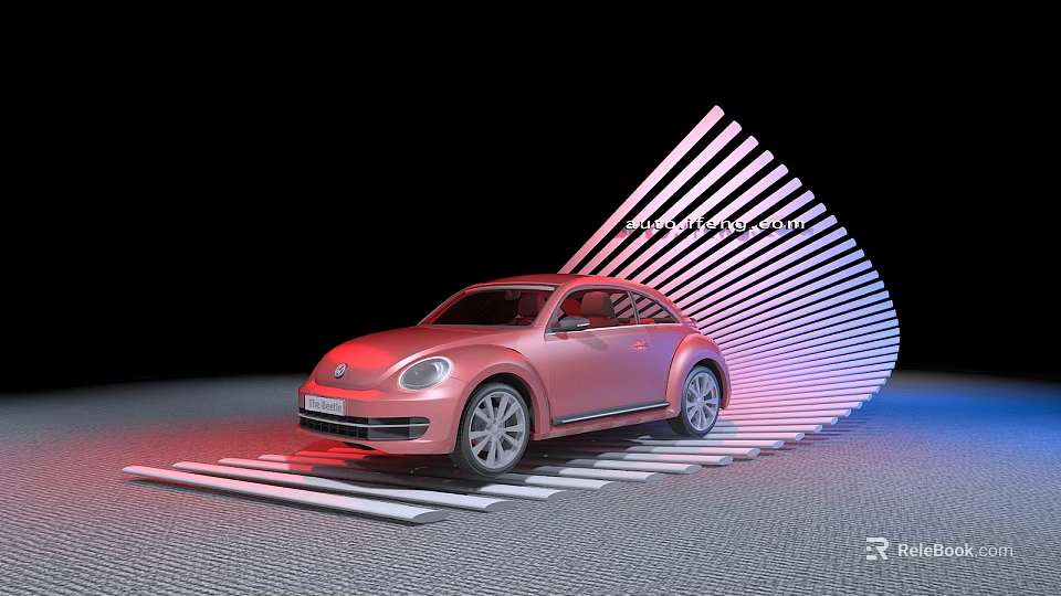 Pink Beetle Car Display Shelf with Fan Shaped Pink Lighting and Striped Floor 3d model 