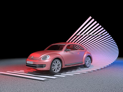 Pink Beetle Car Display Shelf with Fan Shaped Pink Lighting and Striped Floor 3d model