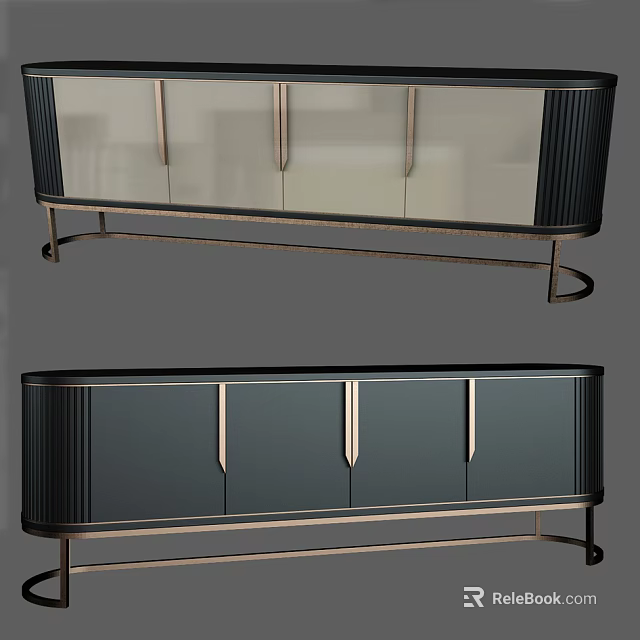 Elegant Modern TV Stand With Black Panel Gold Metal Legs And Glass Doors 3d model 