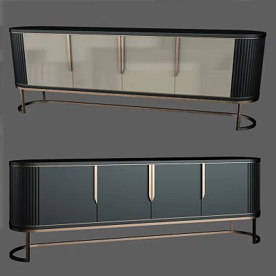 Elegant Modern TV Stand With Black Panel Gold Metal Legs And Glass Doors 3d model