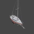 Yacht With White And Red Striped Hull On Trailer Featuring Mast And Gear