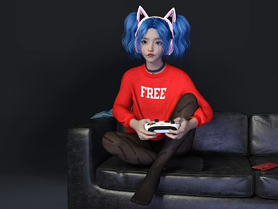 Woman In Red FREE Sweater With Blue Hair Cat Ear Headphones Holding Game Controller 3d model