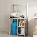 Wooden Kitchen Cabinets Featuring Metal Shelf Microwave Cooking Utensils And Storage Boxes