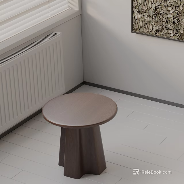 Brown Wooden Side Table With Circular Top In Corner Light Colored Wall Wooden Floor 3d model 